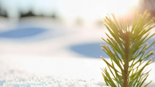 Close-up of a small evergreen seedling, with needle-like leaves, poking out of a fresh blanket of bright white snow in natural winter sunlight.
