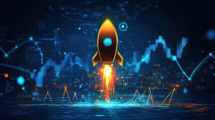 Financial rocket illustration rising above glowing graph and arrow, digital finance interface concept