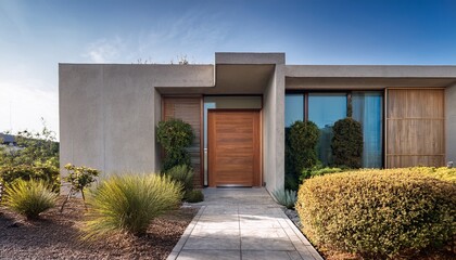 modern concrete building with wooden door and landscaped surroundings