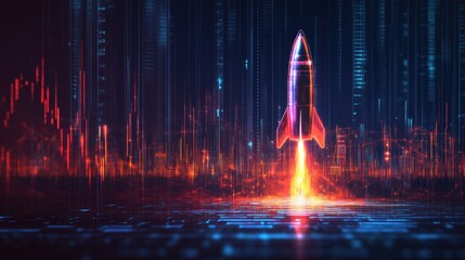 Graph lines glowing behind a rising rocket icon, digital financial data and up arrow blend with tech style