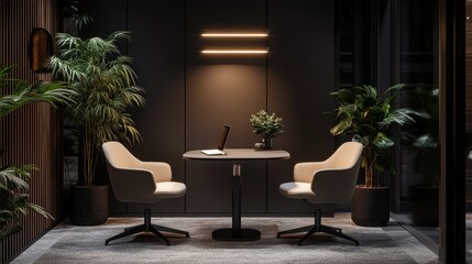 Atmospheric modern workspace in dark palette with plants, diffused lighting, and a small podcast table flanked by two elegant chairs