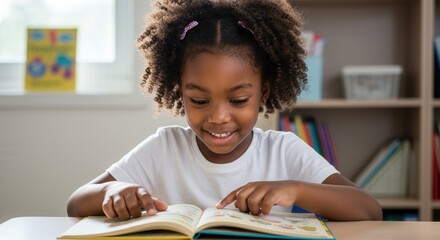 Joyful Black elementary school girl reading a book in a bright classroom