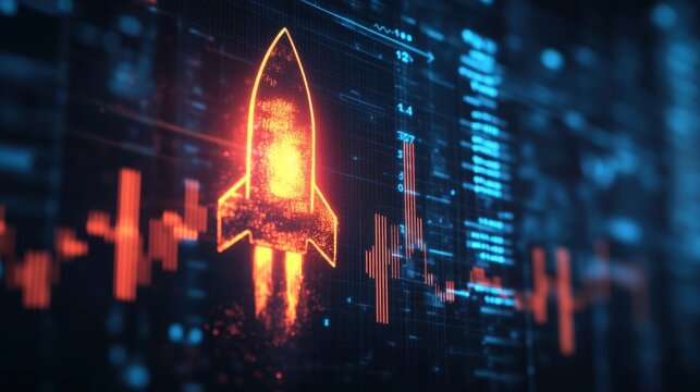 Graph lines glowing behind a rising rocket icon, digital financial data and up arrow blend with tech style - Powered by Adobe