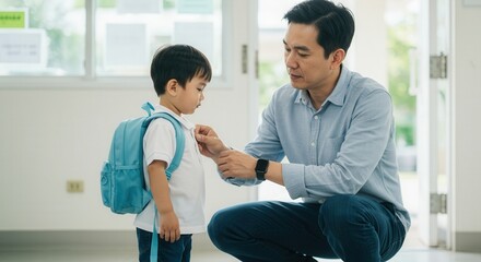 Obraz premium Asian father helping young son with backpack in school classroom setting