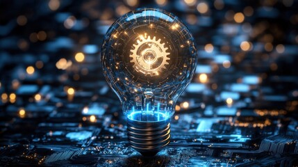 High-resolution light bulb image with metallic gear interior and glowing blue circuits