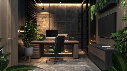 Chic, moody office space with modern decor, soft lighting, a workstation with plants, and a stylish interview setup for two