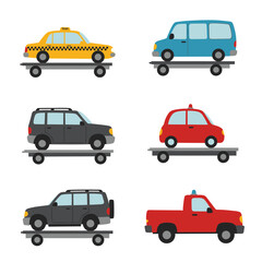 Set of cars top view. Icons or stickers with city vehicle for driving. Illustrations with automobile for transportation.  Cartoon flat vector collection isolated on white background