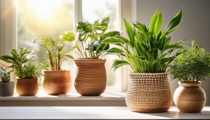 Fototapeta premium fresh indoor plants in natural woven and ceramic pots on a bright white table near a sunlit window