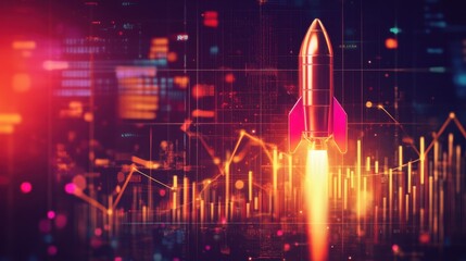 Minimal rocket launch drawn over golden rising market graph with luminous up arrow, financial tech theme