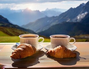 two cups of coffee and two croissants on a table in front of a mountain scene is peaceful and relaxing