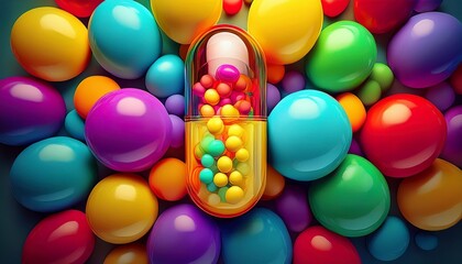 a pill is surrounded by a bunch of colorful balloons the pill is yellow and the balloons are red blue green and purple concept of celebration and joy as the balloons