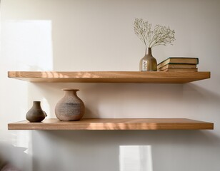 these two wooden shelves adorned with books and a vase represent a minimalist aesthetic and functional decor that combines style with practicality in a modern living space