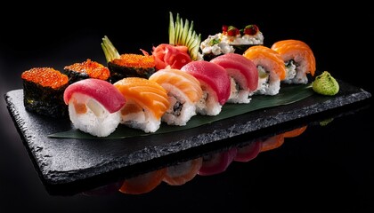 beautifully arranged sushi platter on dark slate plate featuring variety of colorful sushi pieces including salmon tuna shrimp and vegetables creating appetizing presentation