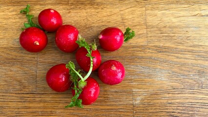 Seven radiant radishes whisper crunchy secrets of spring equinox renewal, rustic wooden kitchen tablescape, culinary nostalgia