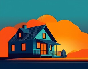 stylized house silhouette stands against vibrant background of blue and orange hues creating striking contrast that evokes warmth and comfort