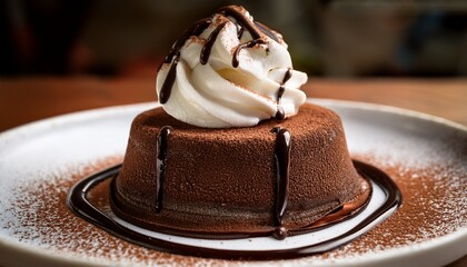 close up of delicious dessert featuring whipped cream chocolate sauce and rich chocolate base evoking sense of indulgence and sweetness