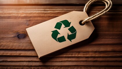 close up of recycled paper tag featuring recycling symbol resting on textured wooden surface conveying eco friendly message and sustainability