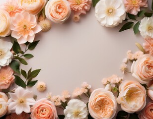 border of blooming flowers in peach and ivory tones with space for text