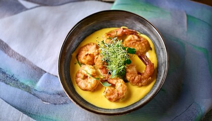 beautifully plated seafood dish featuring crispy shrimp and garnished with fresh microgreens served smooth yellow sauce vibrant colors and elegant presentation evoke sense of culinary artistry