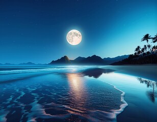 smartphone wallpaper tranquil beach at night with full moon reflection on water soft waves mountains palm trees silhouetted against the sky serene and peaceful scene for mobile phone backgrounds