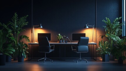Minimalist dark office with glowing corner lamps, workstation plants, a podcast setup with two chairs and a central table with microphones