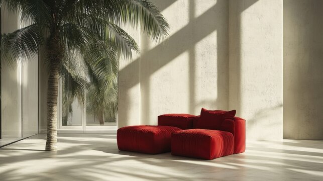Red modern sofa positioned in a bright apartment, windows showing palm trees and decorative downlights