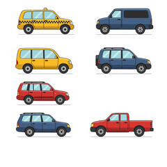 Set of cars top view. Icons or stickers with city vehicle for driving. Illustrations with automobile for transportation.  Cartoon flat vector collection isolated on white background