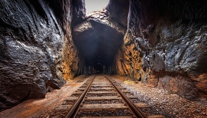 dark underground tunnel with weathered tracks and rocky walls in an abandoned mine