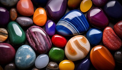 a close up view of various polished colorful stones arranged together showcasing their unique textures and vibrant hues capturing beauty in natural formations