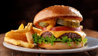a delicious cheeseburger stacked with a juicy patty melted cheese fresh lettuce tomato and pickles all inside a sesame seed bun served with crispy fries