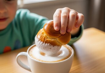 bimbo che puccia una brioche nel cappuccino