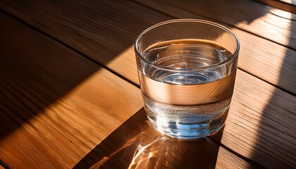 a vibrant glass of water reflects warm sunlight casting beautiful shadows on a wooden surface highlighting a serene and refreshing atmosphere for relaxation and calm