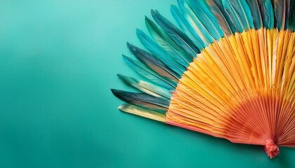 bright tropical feather fan on turquoise background symbolizing celebration summer tradition and vibrant culture