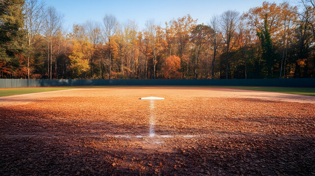 Autumnal baseball field showing the transition of seasons in the park - Powered by Adobe