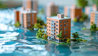 Urban Flood Crisis: Miniature Buildings Immersed in Water with Distant Dry Landscape