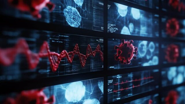 Microscopic view of virus cells, dna strands, and data screens. - Powered by Adobe