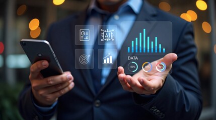 Businessman uses a phone to access an AI-powered business analytics dashboard, showcasing charts with the icons of AI innovation, analyzes performance data to business. Data analysis concept