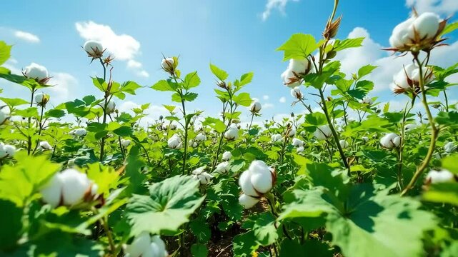 Flourishing cotton plants in a lush green field under a bright blue sky