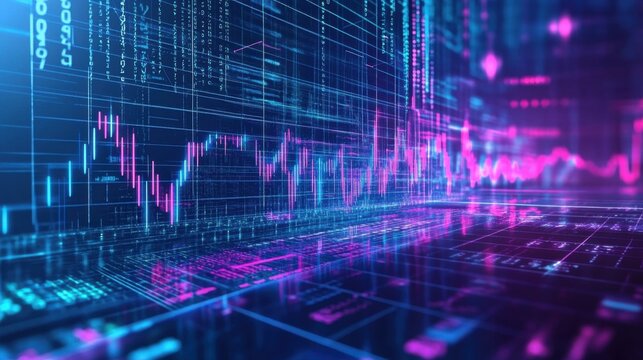 Trading floor concept rendered with abstract charts and blinking numerical overlays - Powered by Adobe