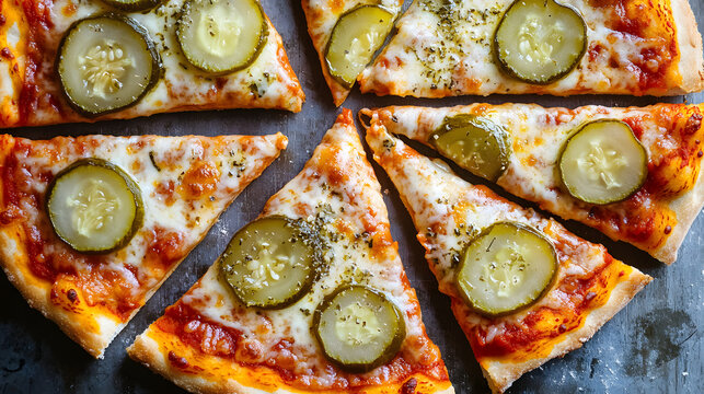 A slice of pizza with pickles on it. The pizza is cut into eight pieces. The pickles are spread out on the pizza, with some pieces having more pickles than others