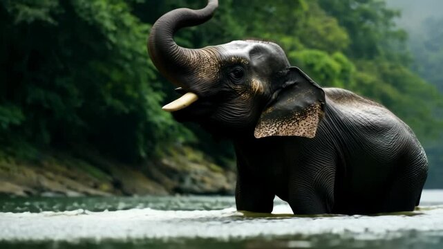 Happy elephant bathing and playing in stream