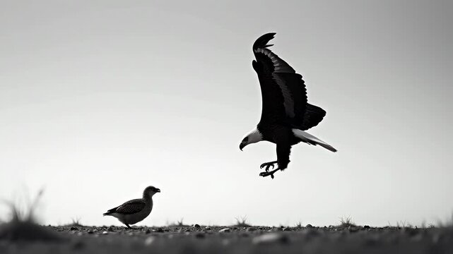 An eagle is attacking a small bird on the ground with its wings spread wide