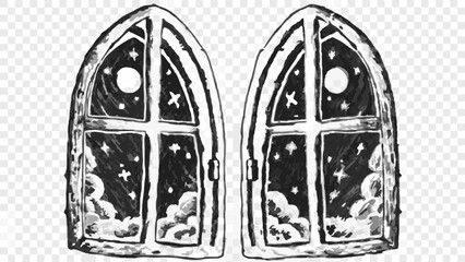 Two gothic windows open to a night sky filled with stars and a bright moon in a monochrome illustration