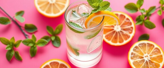 Refreshing citrus mint infused water on pink background Summer beverage, detox drink,   mint leaves,   vitamin c