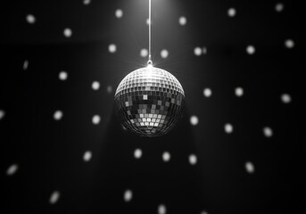 Obraz premium Disco ball in motion casting dazzling light spots in dark atmosphere for party vibes