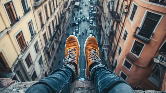 Urban precipice, feet dangling above a bustling city street