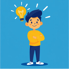 Cartoon Vector of a Smart Boy with Light Bulb Overhead Symbolizing a Great Idea
