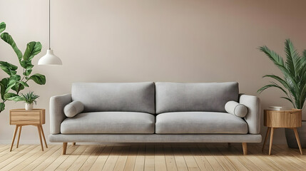 Fototapeta premium Cozy and contemporary living room setup with grey sofa and potted plants