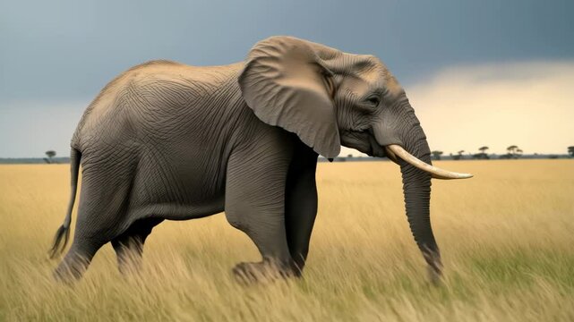 Wild elephant standing in open savanna field
