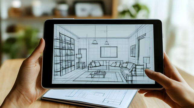 Interior design sketching process on digital tablet for home renovation project